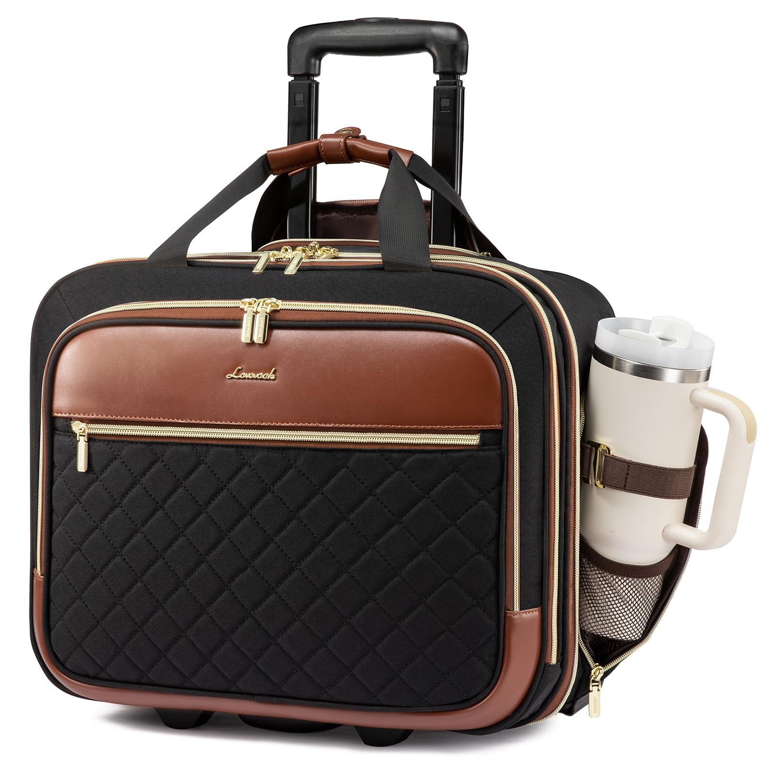 LOVEVOOK Rolling Laptop Bag for Women, Underseat Carry 17.3inch, Black-brown
