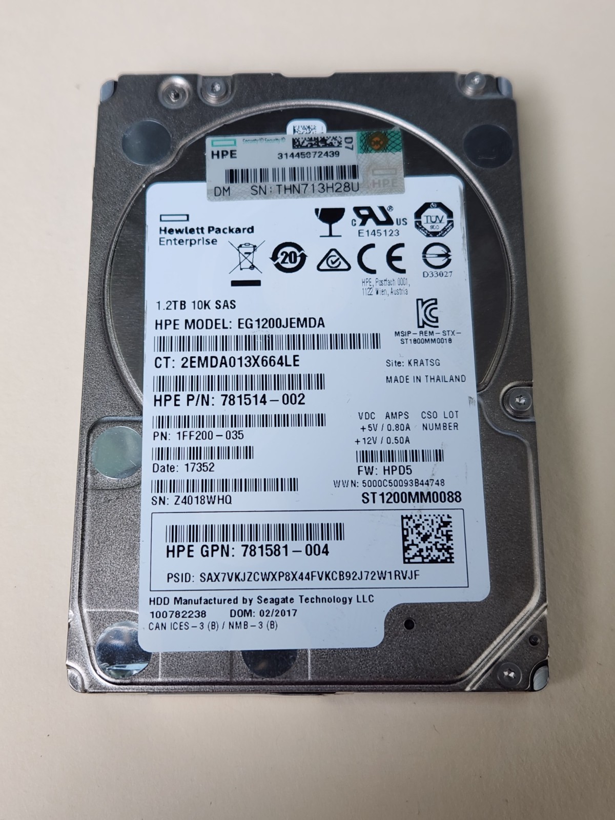 HP Enterprise ST1200MM0088 HPE MN:EG1200JEMDA HPN:781514-002 1.2TB  10K SAS HDD
