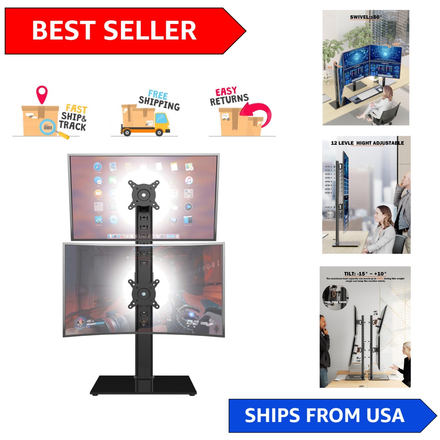 Ergonomic Dual Monitor Stand - Height Adjustable Riser for 13-34 Inch Screens