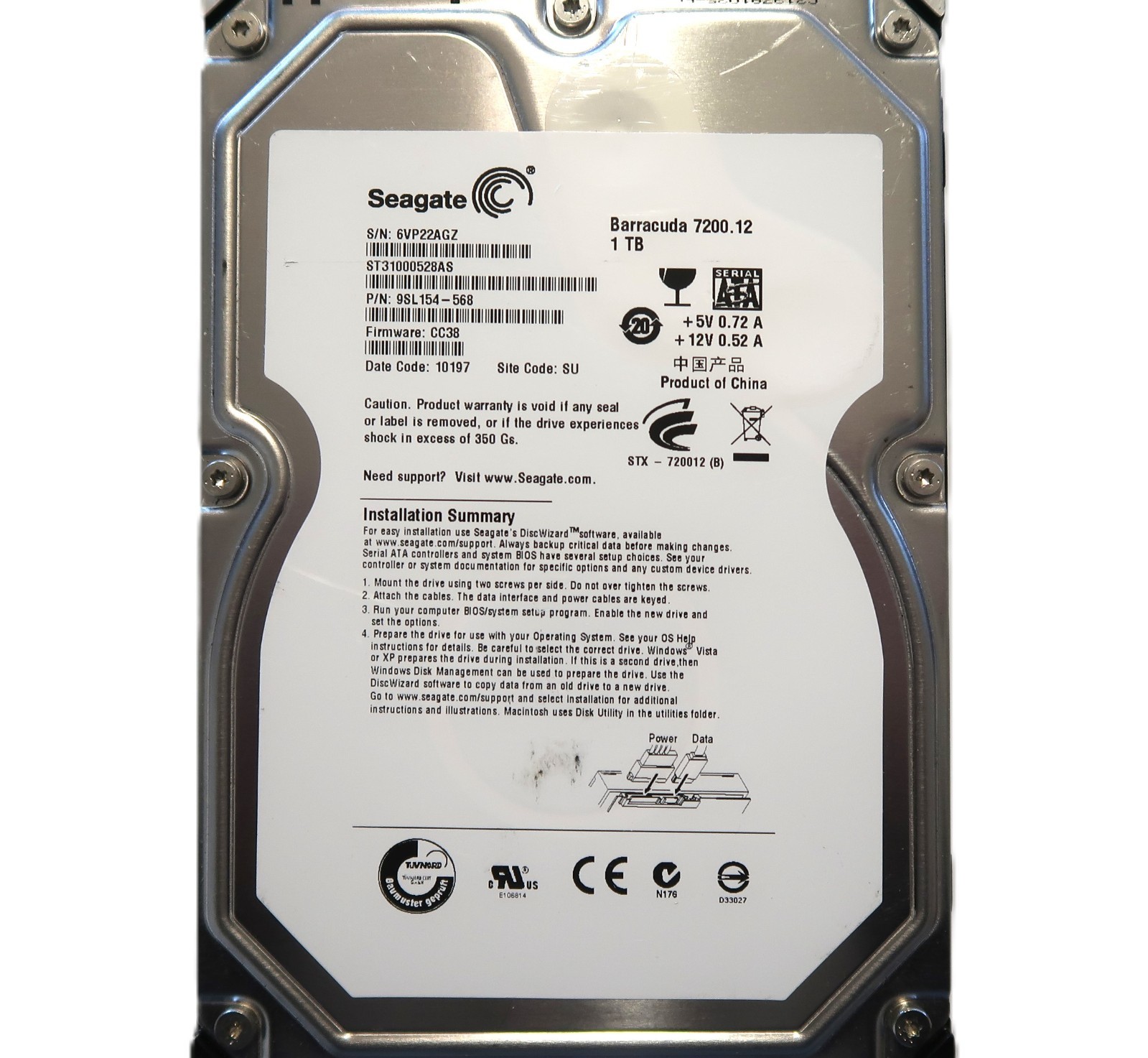 Seagate ST31000528AS 9SL154-568 CC38 SU (6VP) China 1.0TB 3.5" Sata NOV/2009