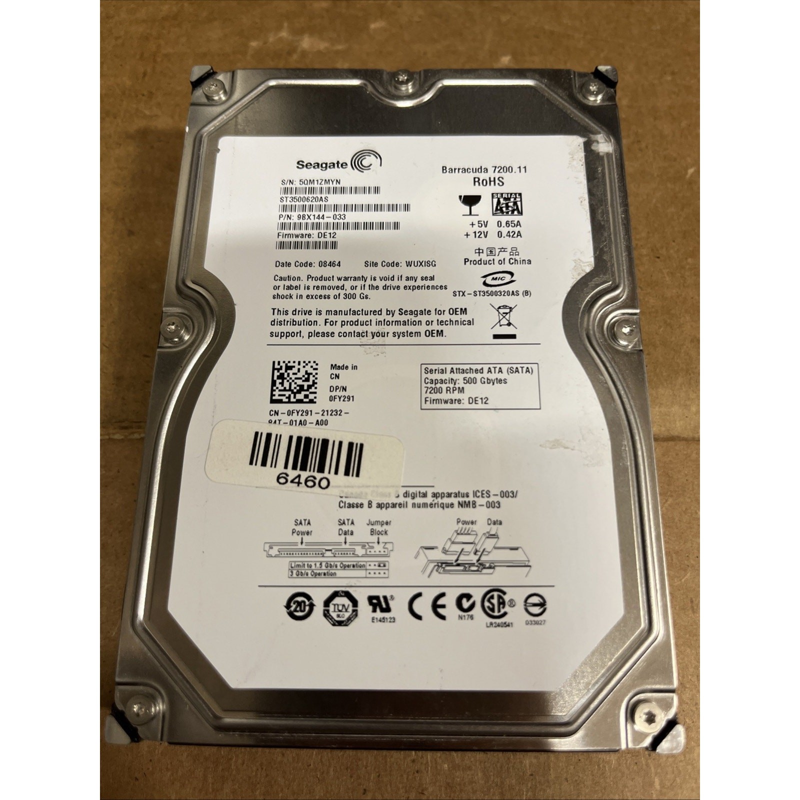 Seagate ST3500620AS 500GB SATA Hard Drive P/N: 9BX144-033 F/W: DE12 100466725