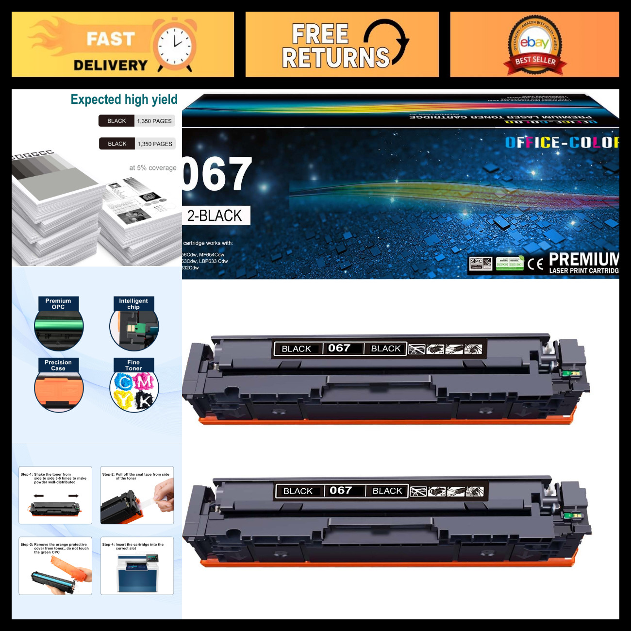High-Quality Black Toner Cartridge Replacement 067 067H CRG-067 - 2 Pack