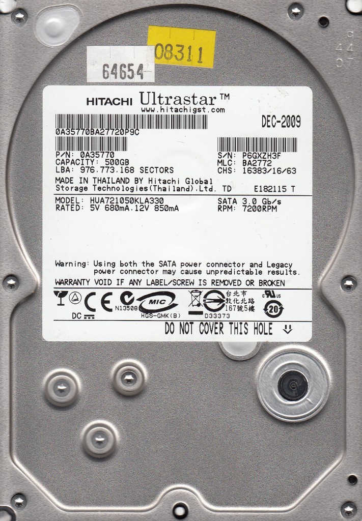 Hitachi HUA721050KLA330 mlc: BA2772  pn: 0A35770 500GB SATA C2-08