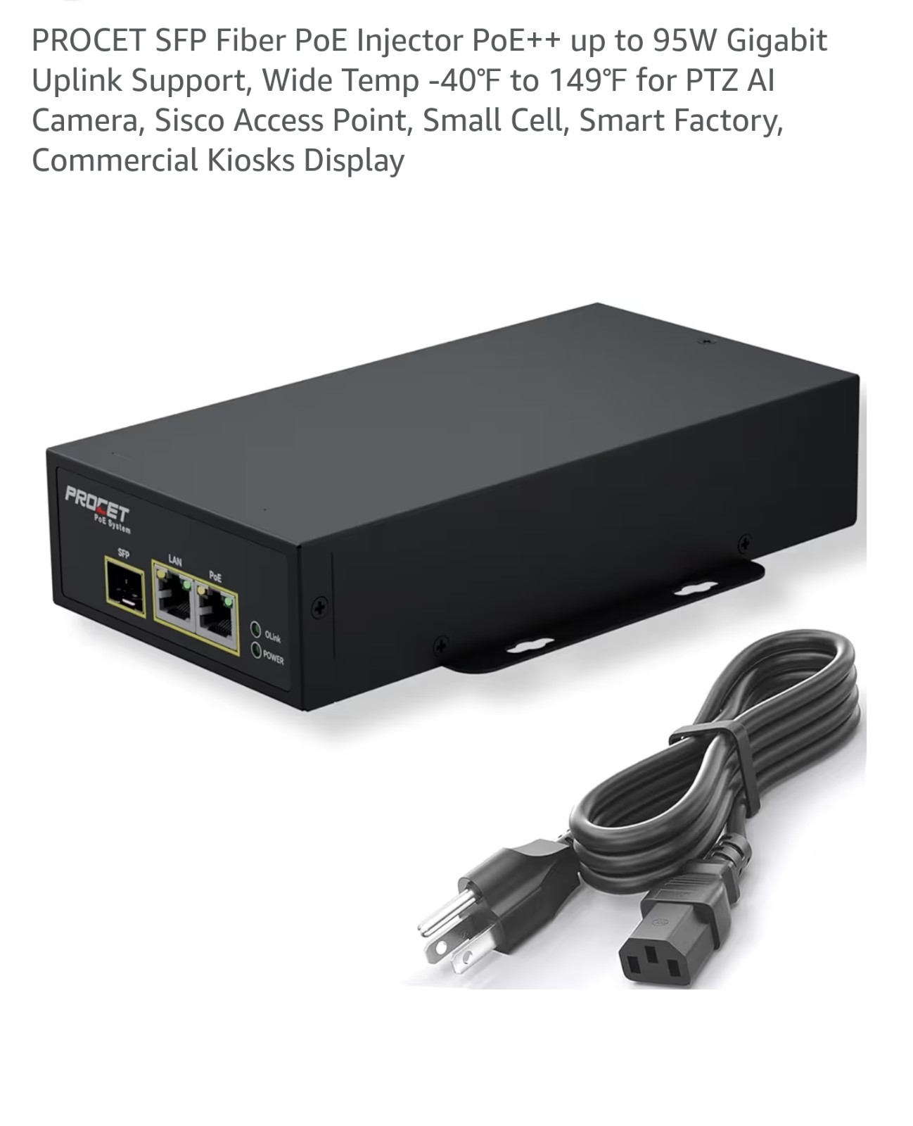 PROCET SFP Fiber PoE Injector SFP Uplink PoE++ 95W Industrial PoE Power Suppl...