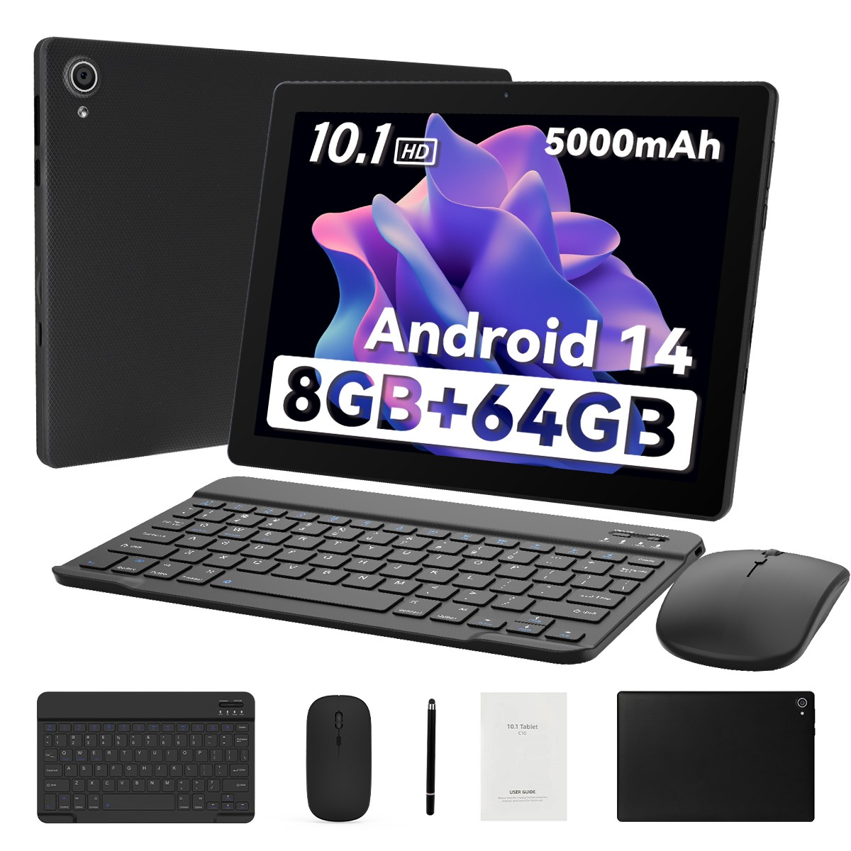 2025 Tablet 10 Inch Android 14 8+64GB ROM 1280×800 IPS w Keyboard/Mouse Black