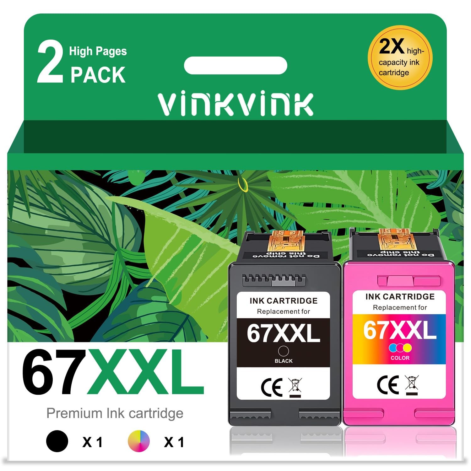 VINKVINK 67XXL Ink Cartridges Black Color Combo Pack 2 Packs for HP 67 67XL