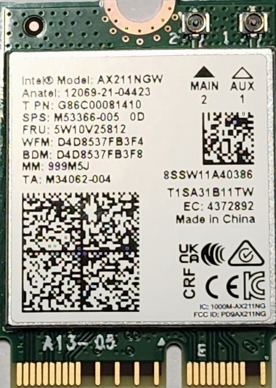 Intel AX211 WIFI 6E CNVio2 w/Tri Band 2.4 5 & 6GHz AX211NGW 2.4Gbps no vPro