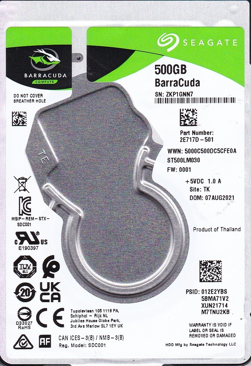 Seagate ST500LM030 pn: 2E717D-501  fw: 0001 TK 2021 s/n: ZKP 500GB SATA 2.5 8010