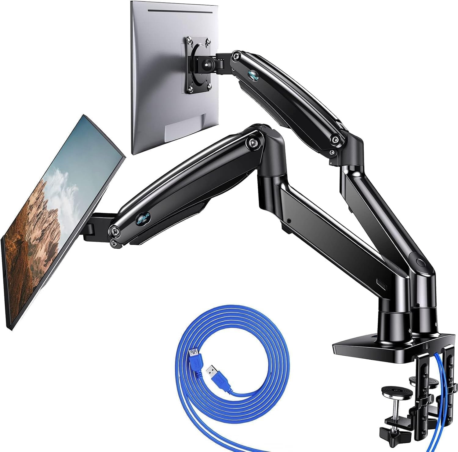 HUANUO Dual Monitor Stand for 13″–40″, Premium Dual Monitor Mount with USB, Heig