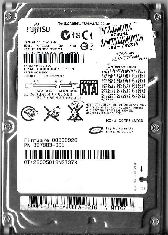 Fujitsu MHV2100BH 100GB Sata Hard Drive P/N: CA06672-B24500C1 F/W: 0080892C