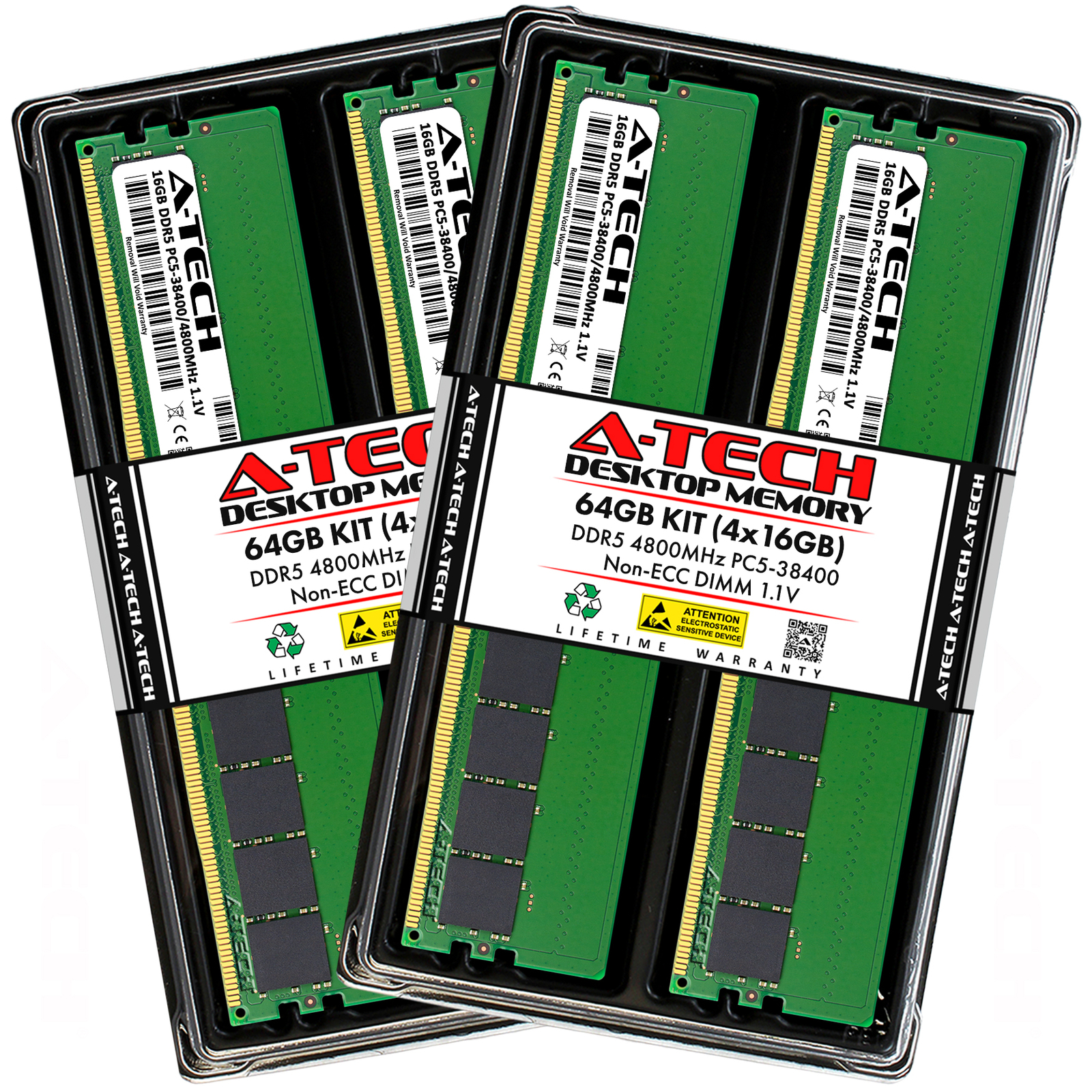 A-Tech 64GB Kit 4 x 16GB DDR5 4800 MHz PC5-38400 Desktop 288-Pin DIMM Memory RAM
