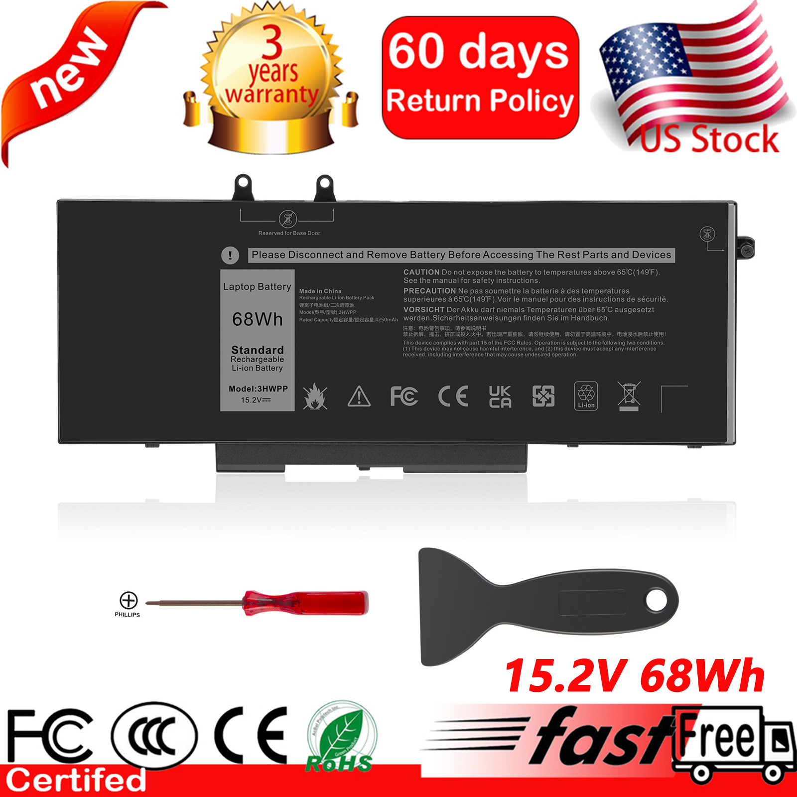 For Dell Latitude 5401 5501 Laptop Battery N2NLL 10X1J 3HWPP 68Wh 15.2V 