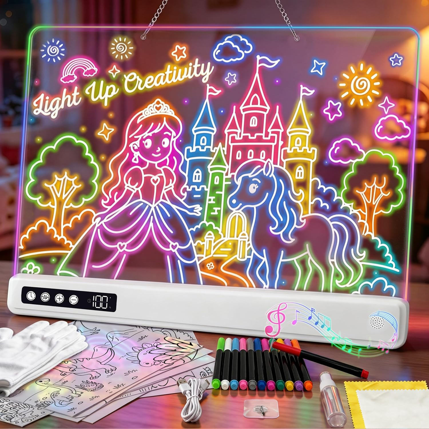 LED Drawing Board with Sync Music, 20 Light Effects & 12 Markers