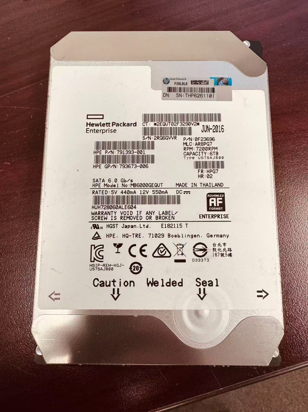 HGST HUH728060ALE604 0F23696 6Tb 7200RPM SATA6 3.5" Hard Drive HP 791393-001
