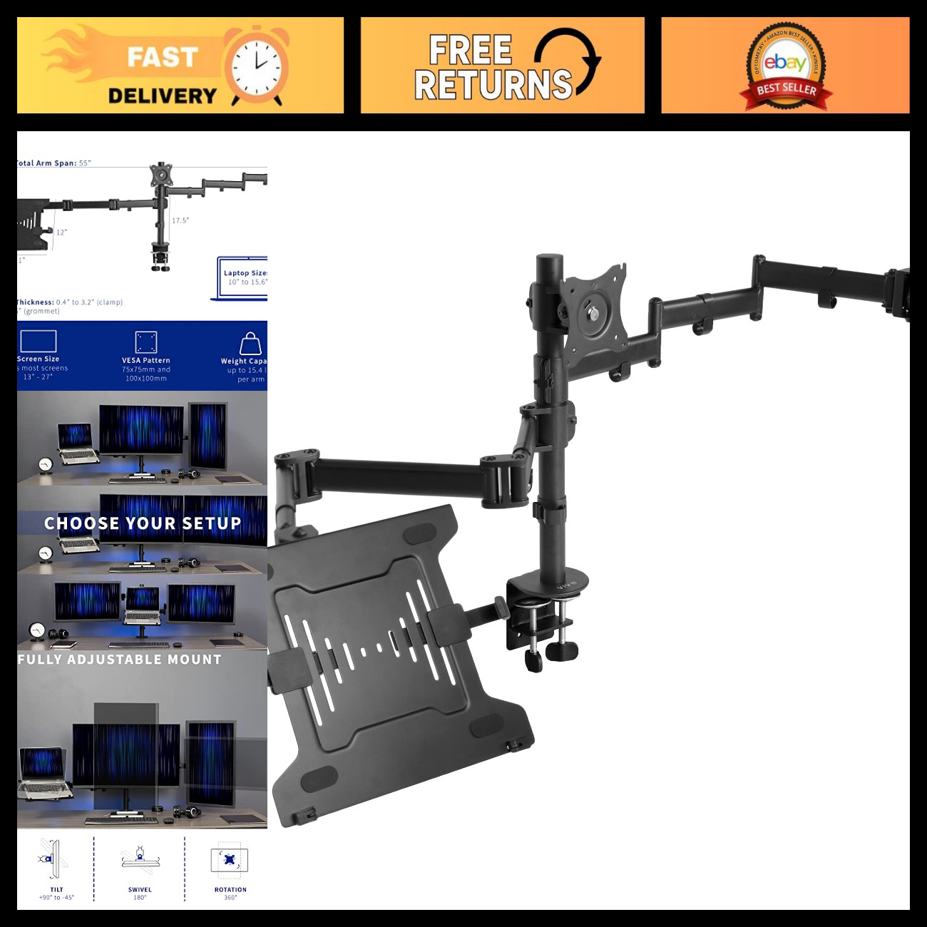 Dual Monitor & Laptop Mount for 13-27" Screens, Triple Screen Setup, Articulatin