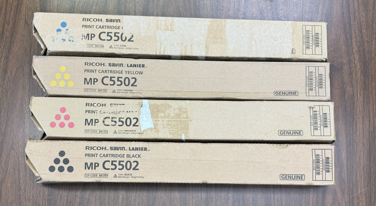 Ricoh MP C5502 Black, Yellow, Magenta, Cyan Toner.  New, complete set of 4.