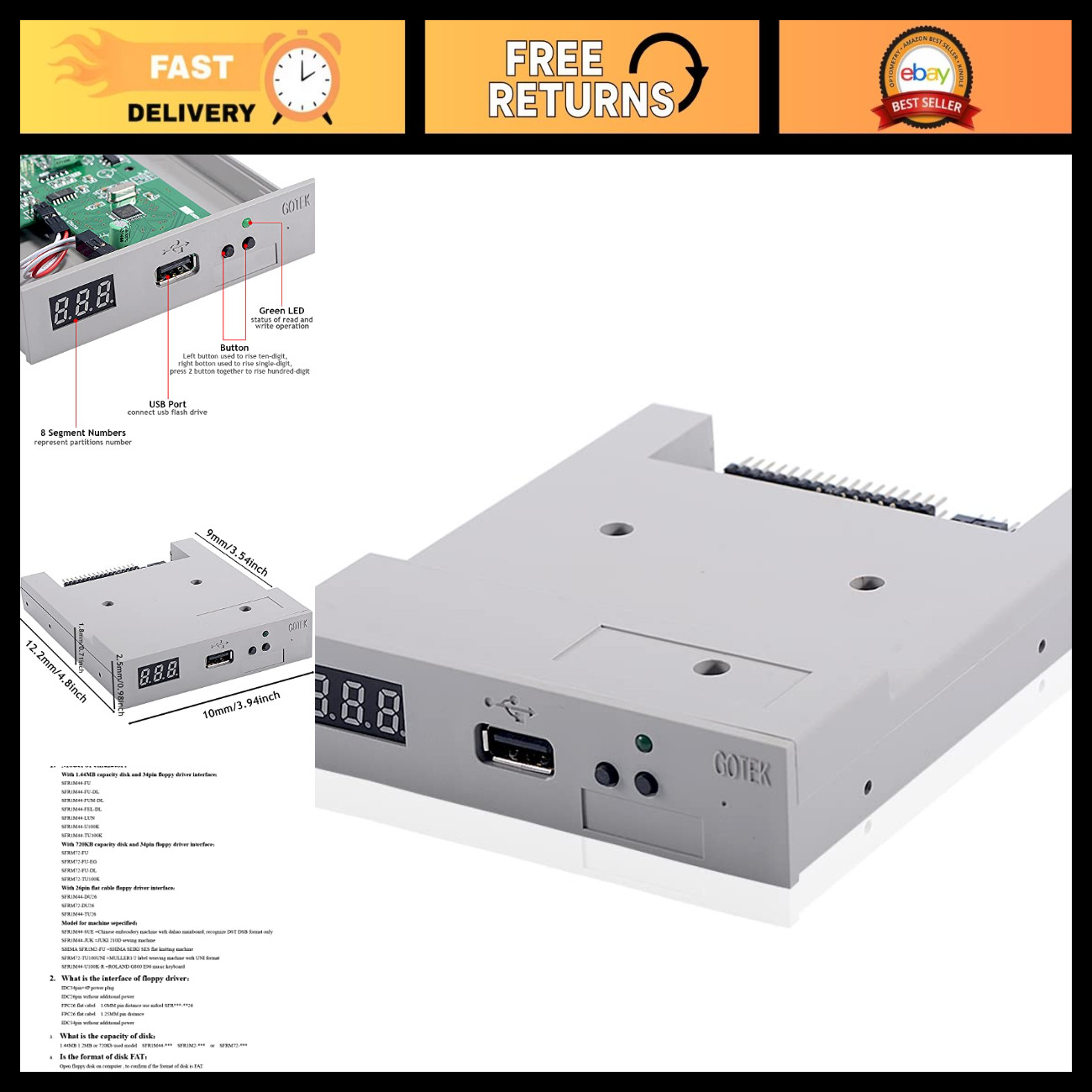 3.5" USB Floppy Drive Emulator - 1.44MB SSD, Compact, Grey, Ideal for Retro PCs