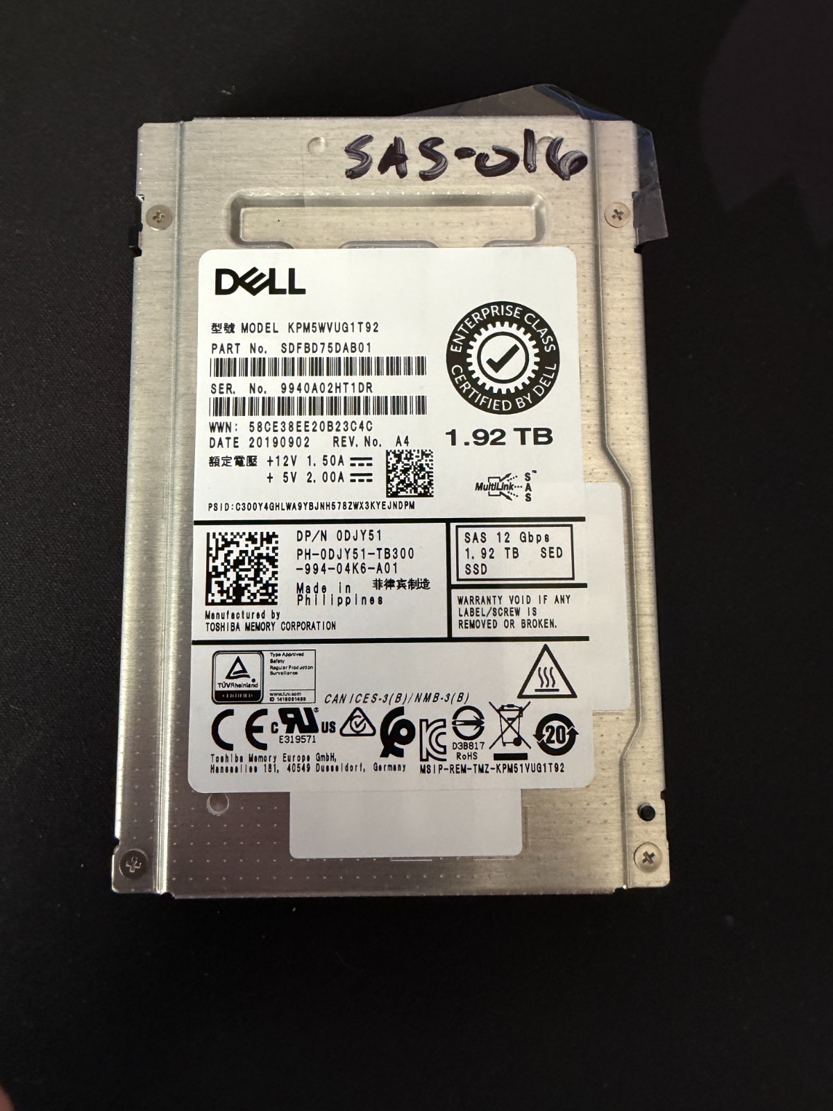 Toshiba Kioxia PM5-V KPM5WVUG1T92 1.92TB SAS SSD - 0% Wear, Hot Spare - Tested