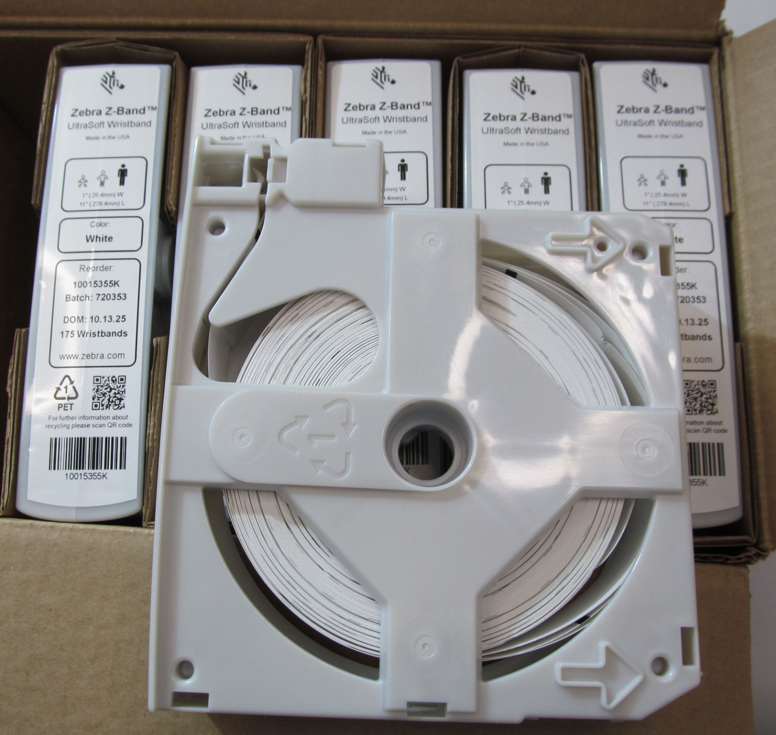 6-PACK ZEBRA 10015355K Z-BAND ULTRASOFT WRISTBAND CARTRIDGE REELS WHITE 1" x 11"