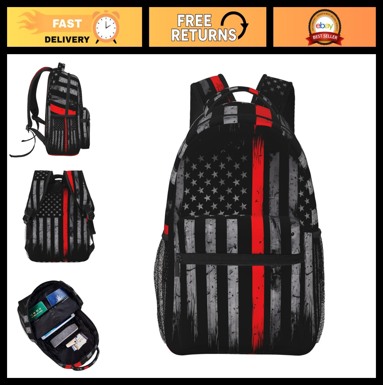 Thin Red Line American Flag Firefighter Laptop Backpack - Rucksack with Side & F