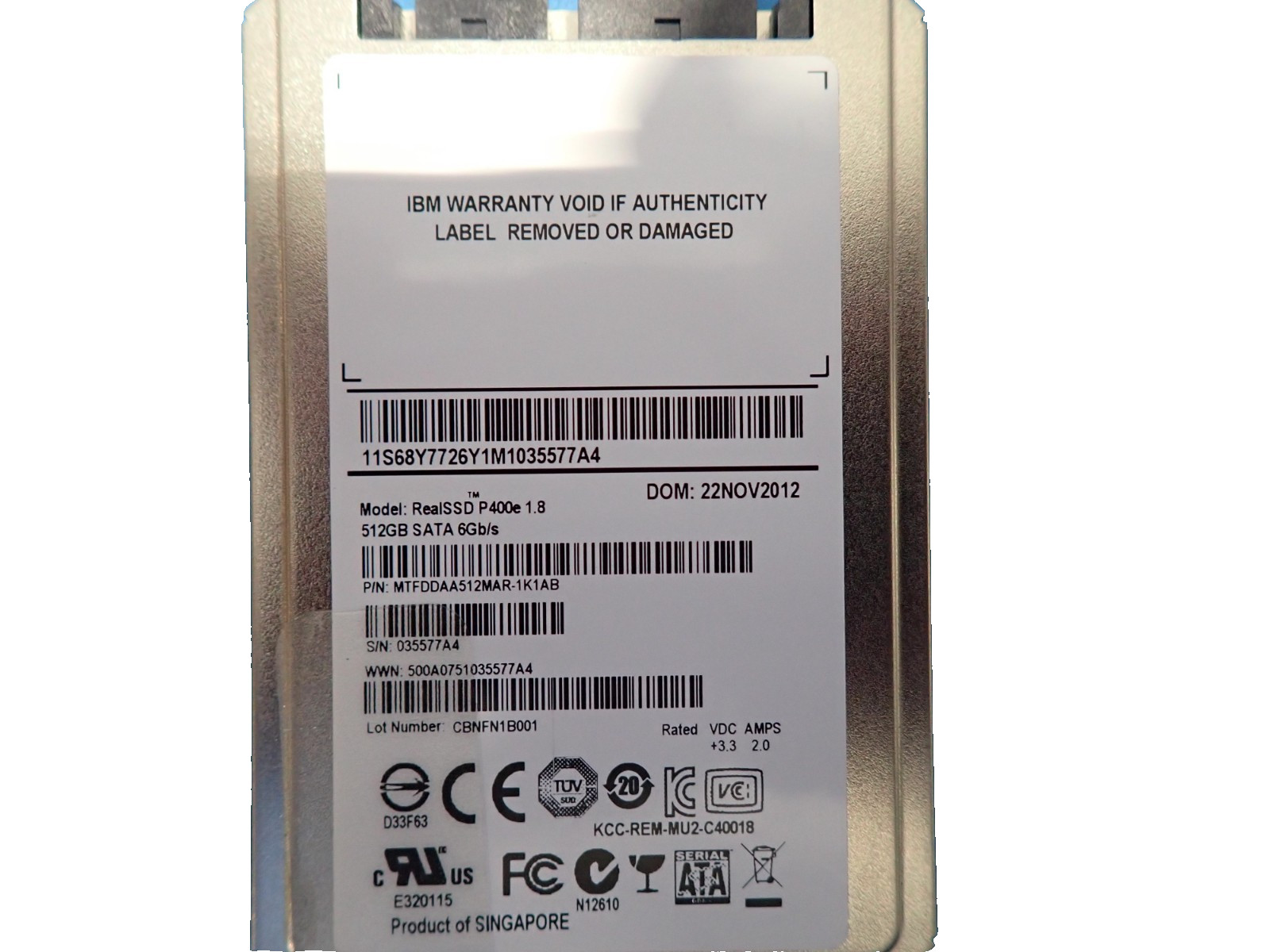 IBM SSD 68Y7726 512GB P400e 1.8in SATA 6Gbps Internal Solid State Disk Drives