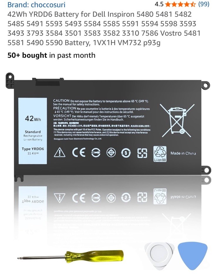 YRDD6 1VX1H Battery for Dell Inspiron 5482 5485 7586 3583 5491 5591 42Wh