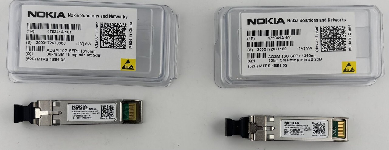 LOT OF 2 NOKIA 475341A.101 AOSM SFP+ 10GB 30KM 1310NM SMF I-TEMP TRANSCEIVERS