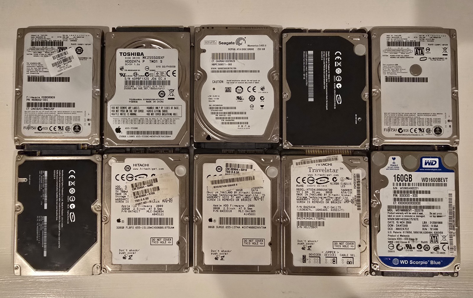 Lot of 10x 2.5 SATA Hard Drives Mixed Capacity HDD (320gb, 250gb, 160gb, 80gb)