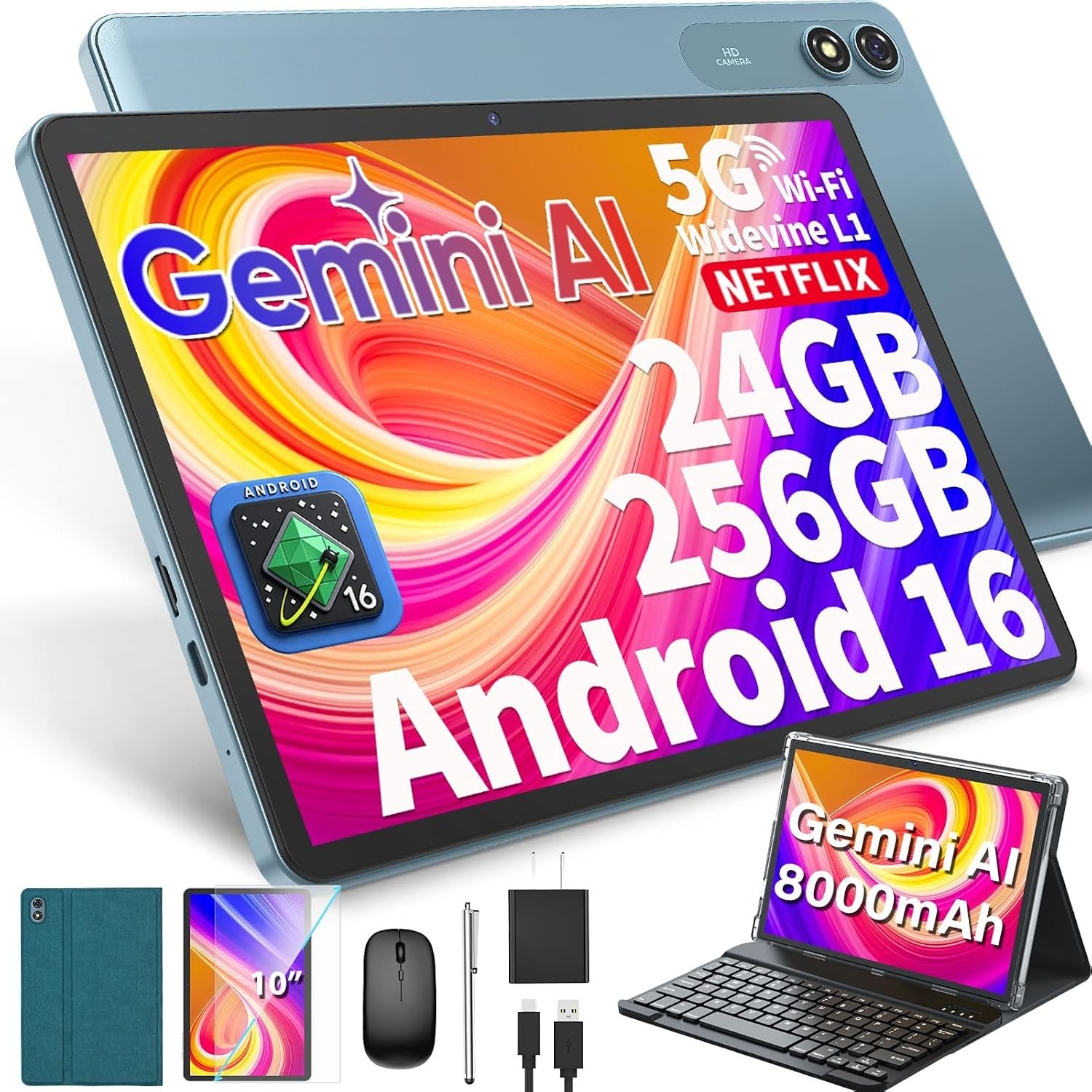 2026 10 inch Tablet with Keyboard - Android 16 Tablet with 24GB+256GB+2TB Expand