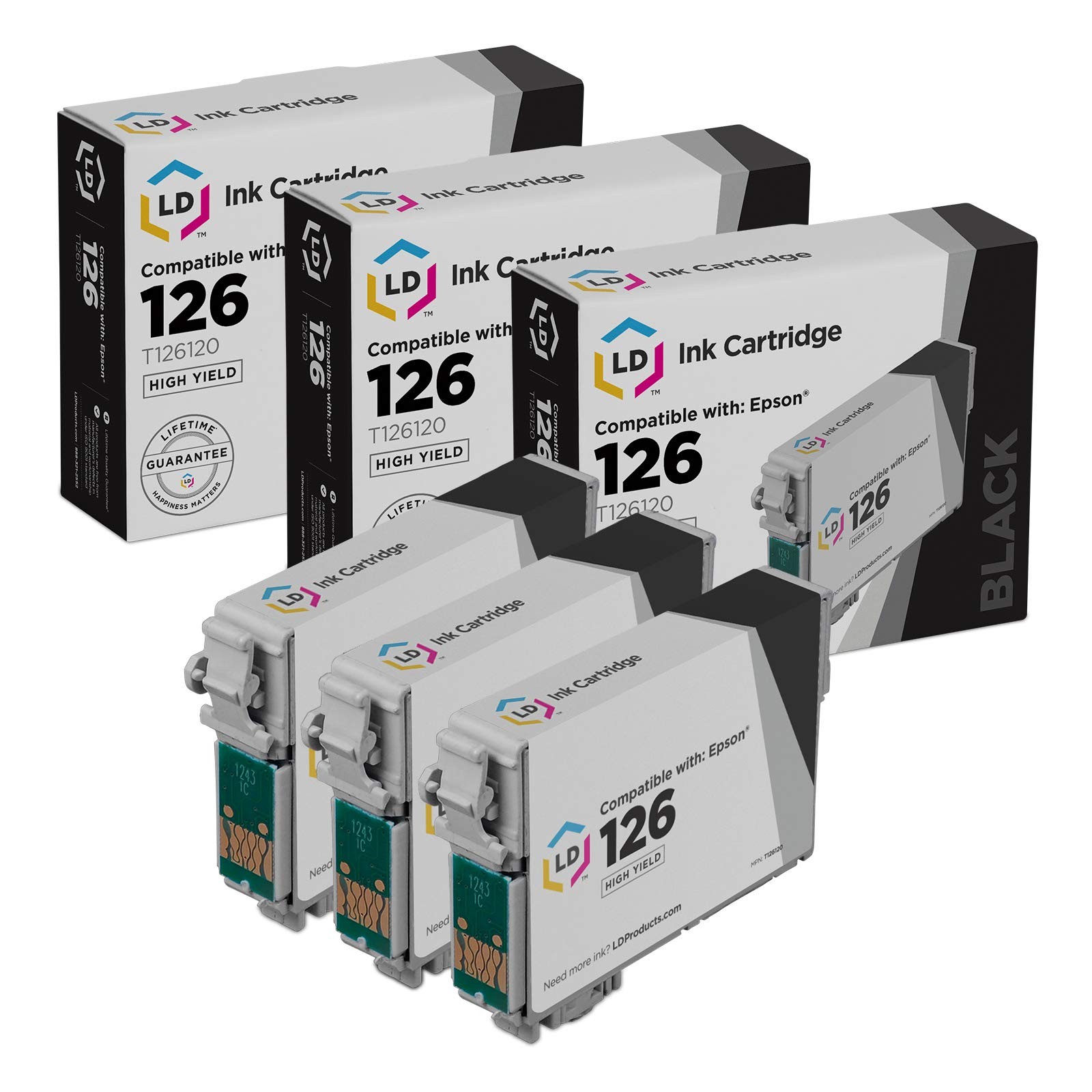 LD Reman Replacement T126120 for Epson T126 126 Set of 3 Black Inkjet Cartridges