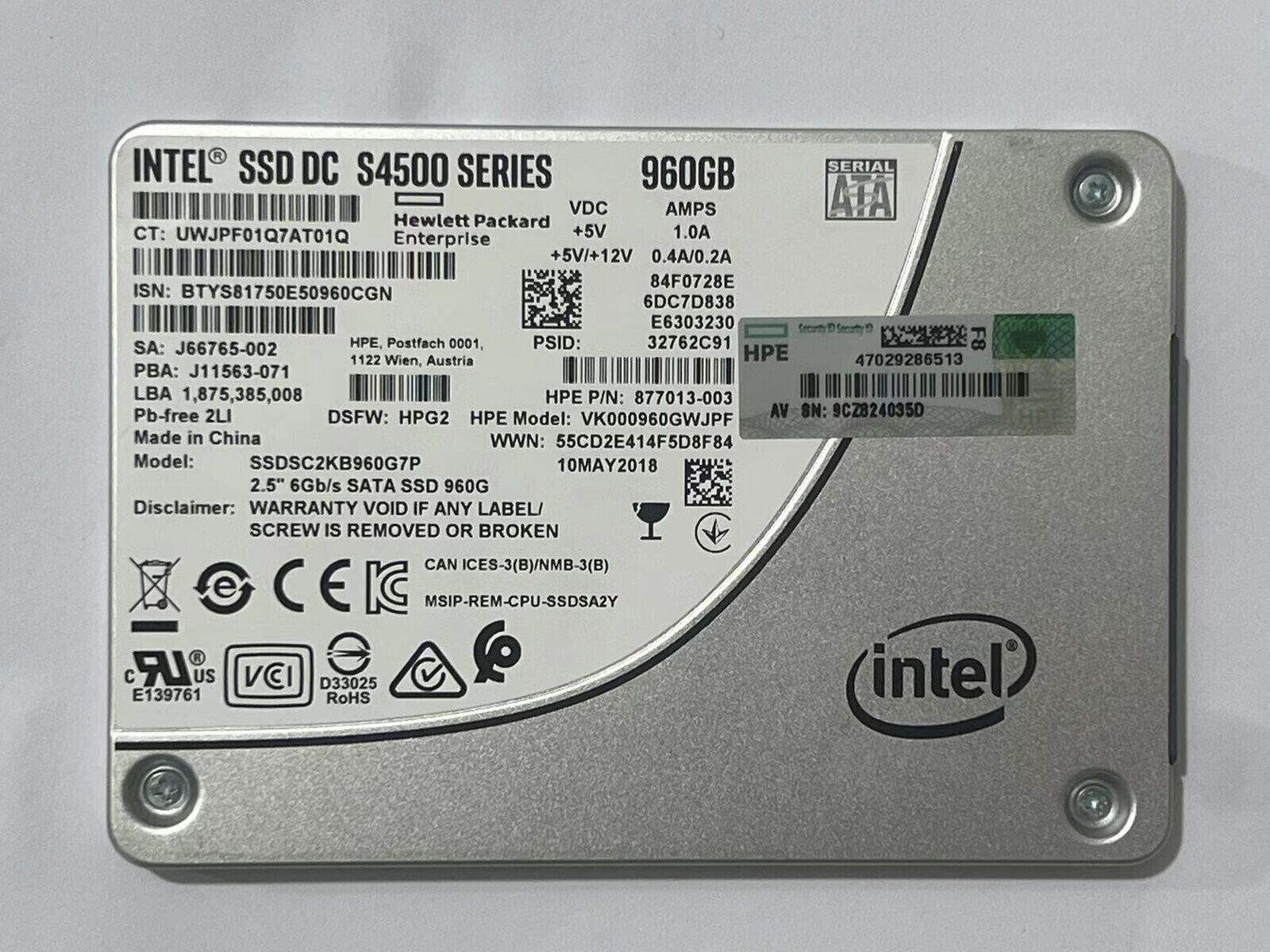 Intel 960GB S4500 DC Series HPE HP SSD 2.5”SATAIII SSDSC2KB960G7P SSD