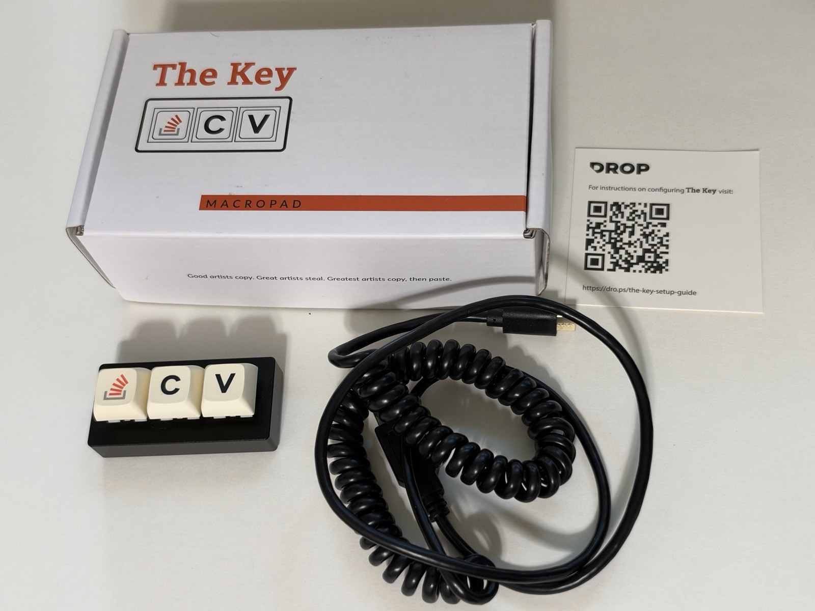 Drop Stack Overflow The Key V1 Macropad 3-Key Ctrl C V Black + Coiled Cable
