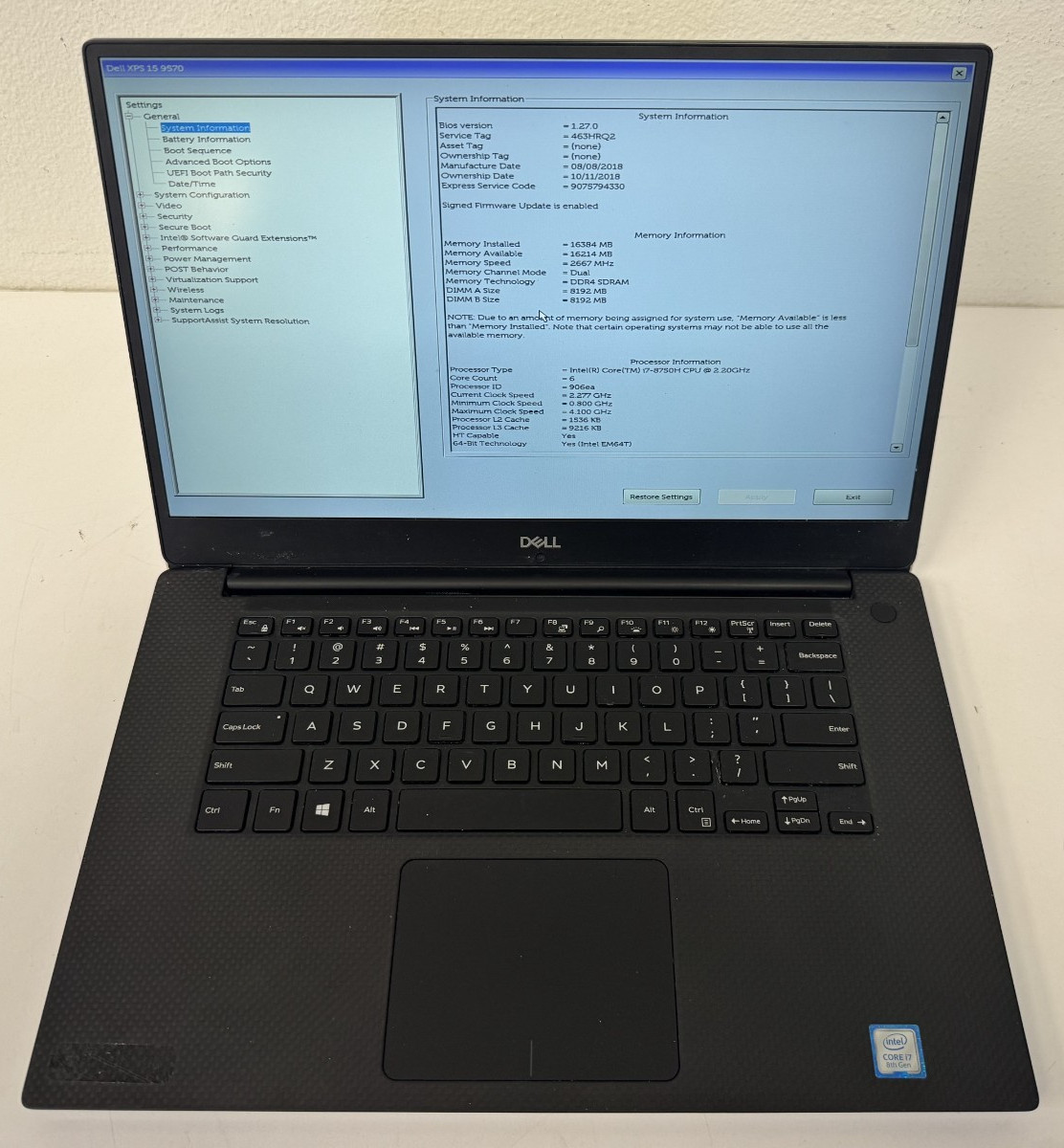 Dell XPS 15 9570 i7-8750H 16GB RAM GTX 1050 Ti 512GB SSD W11 Home NO AC Low Batt