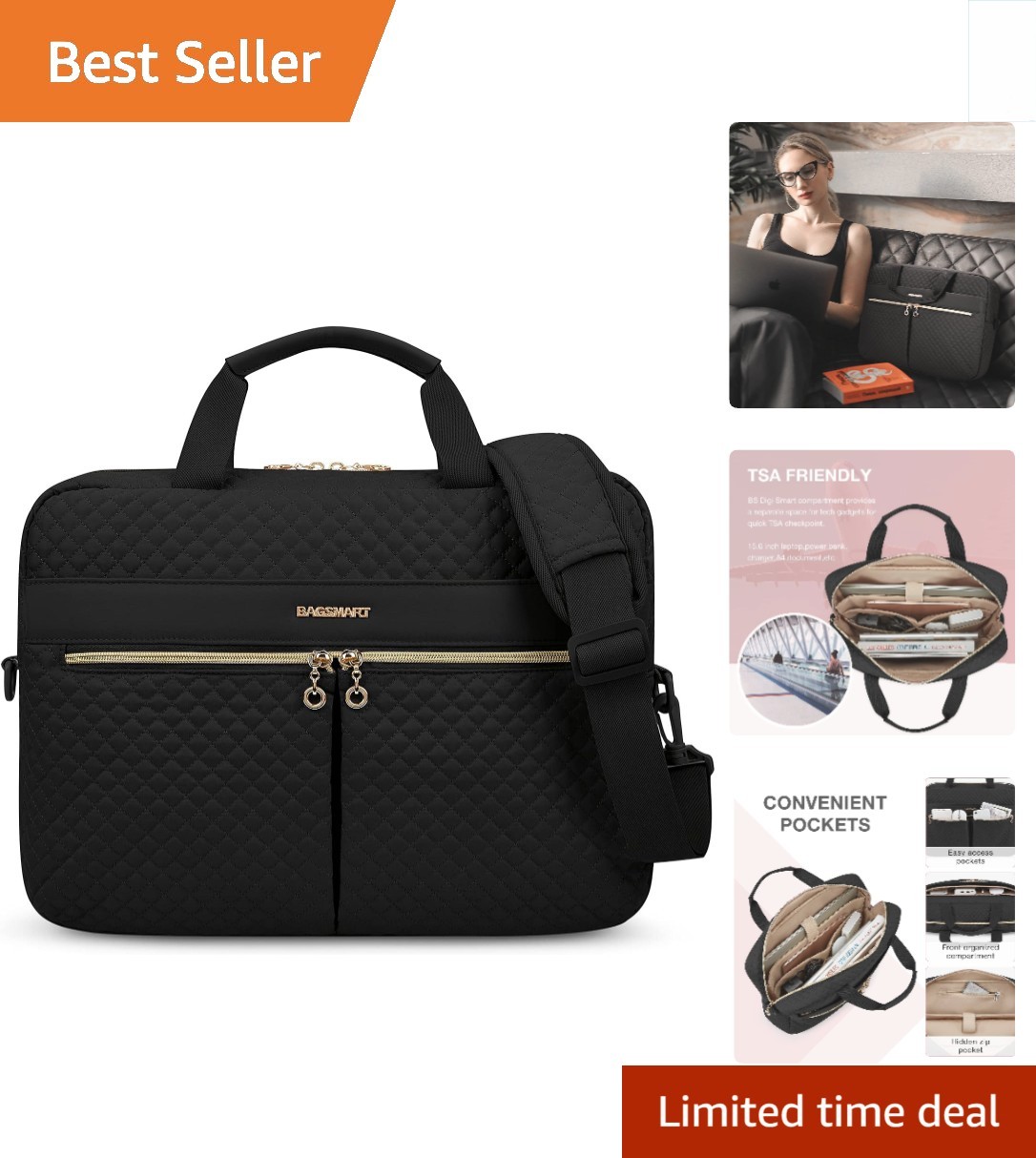 Elegant Black Laptop Bag for Women - 15.6 Inch Briefcase for Business & Travel