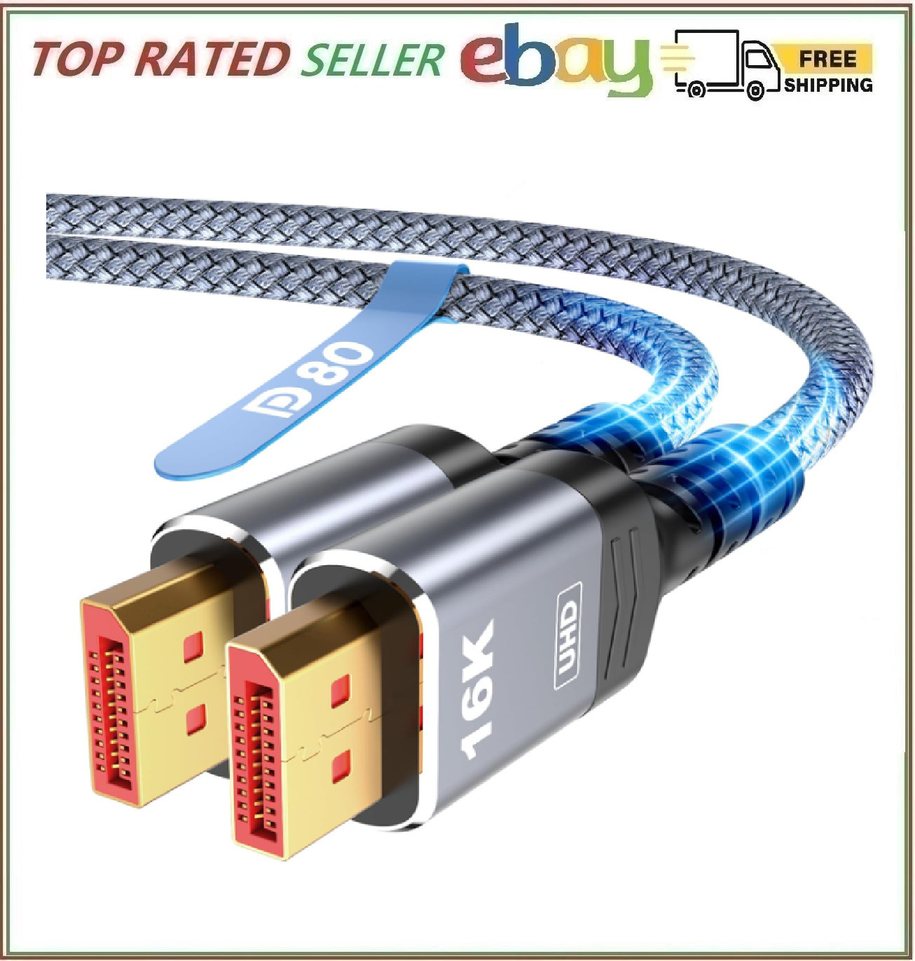 Highwings 80Gbps Displayport Cable 2.1 6.6FT, 16K@60Hz, 8K@120Hz, 4K@240Hz, DP 2
