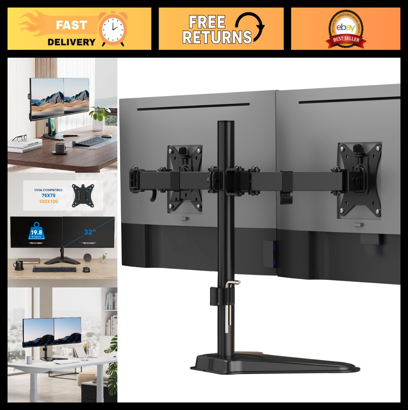 Dual Monitor Stand for Desk - Height Adjustable Free Standing Mount for 2 Screen