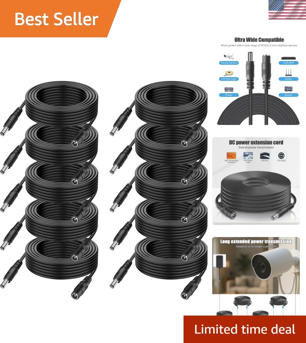 60ft Long 12V DC Power Extension Cable (10-Pack) for Security Devices