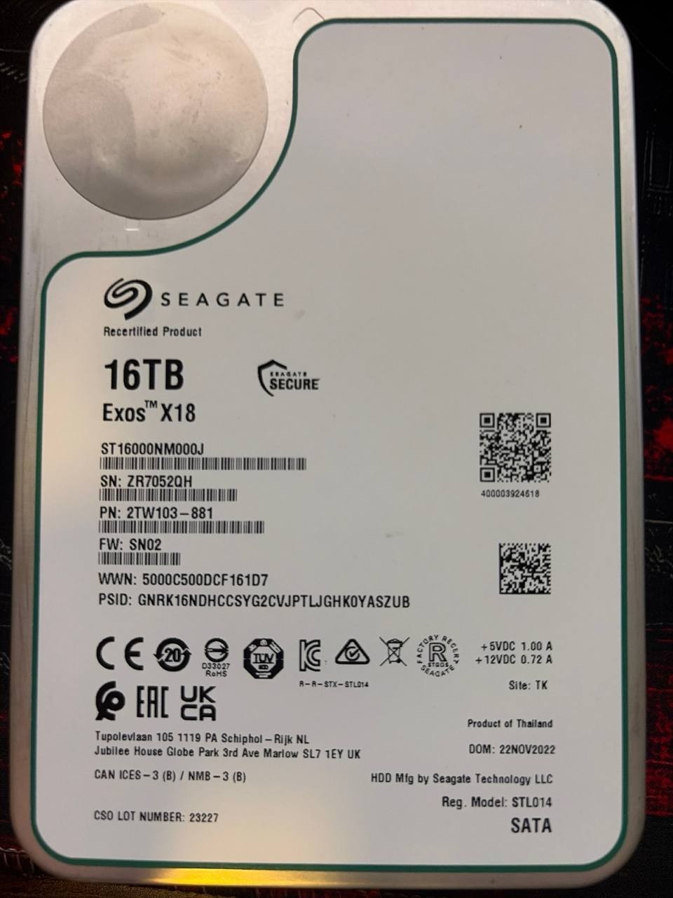 Seagate Exos X18 16TB SATA 6Gb/s 7200RPM 3.5" Enterprise HDD ST16000NM000J