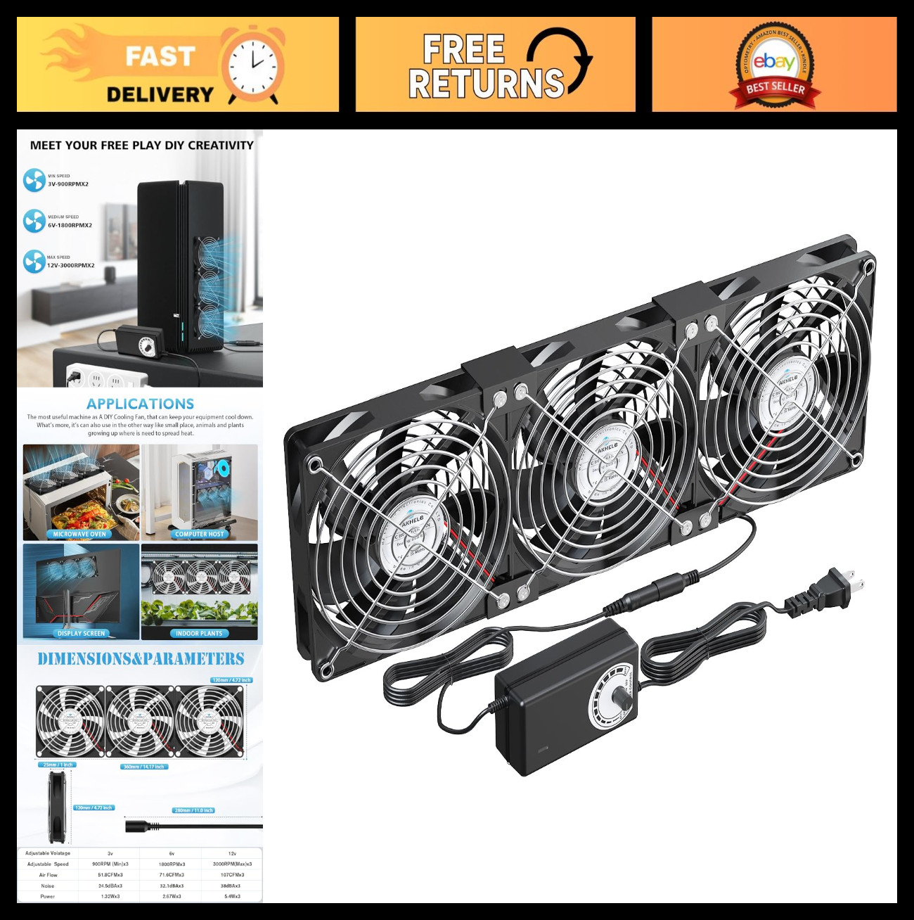 3X120mm DC Cooling Fans with AC Plug & Speed Controller for PC, Server, Greenhou
