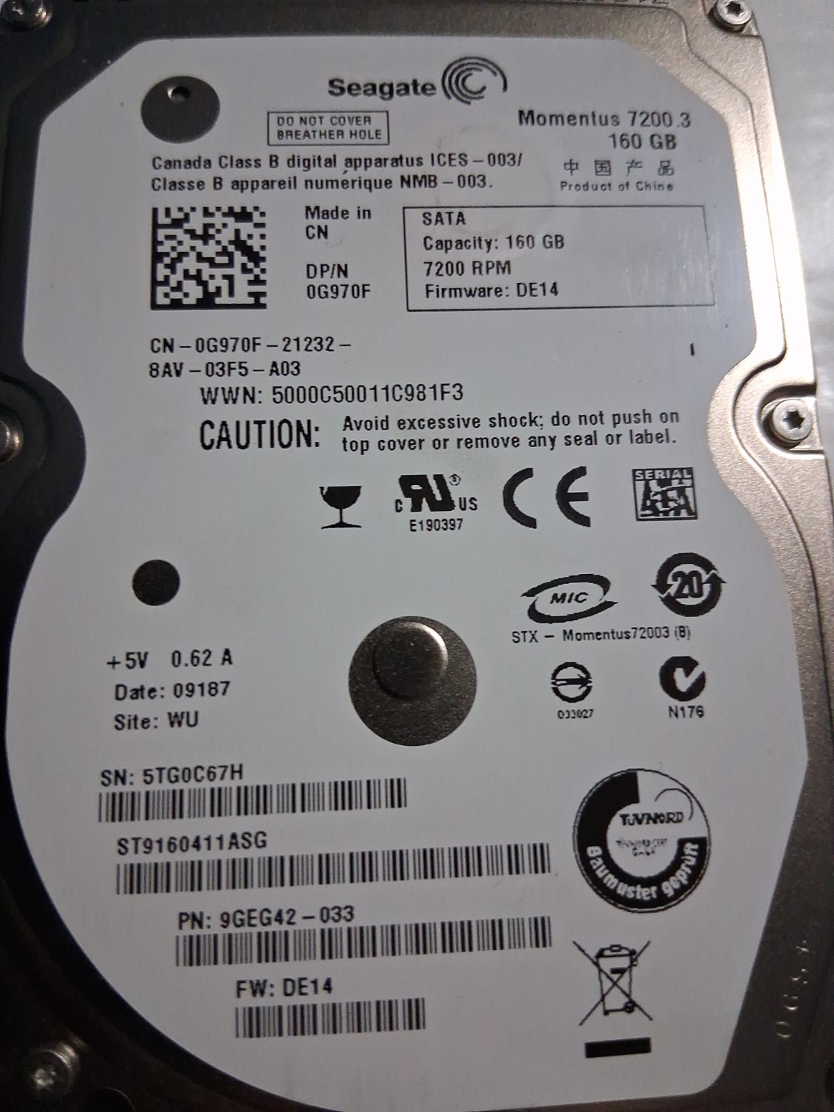Seagate Momentus ST9160411ASG 160GB SATA 7200RPM 2.5" Hard Drive
