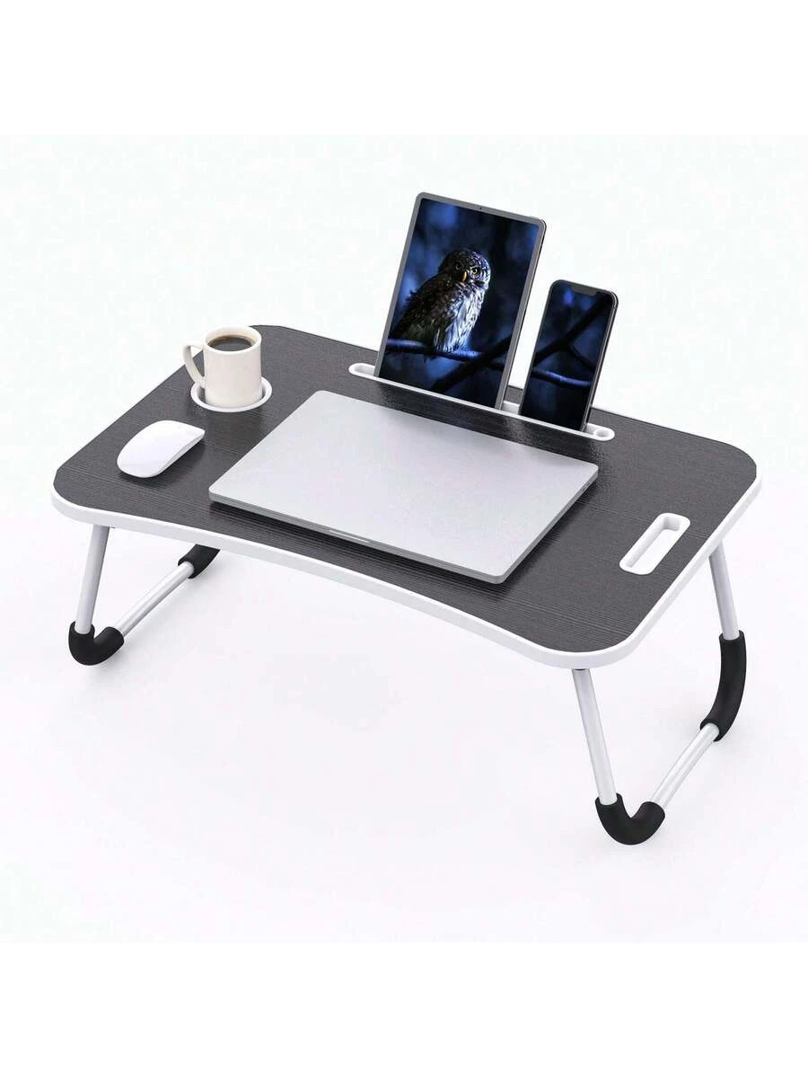 Portable Folding Laptop Desk 23.6" Wood Bed Tray Table Cup Holder Black Foldable