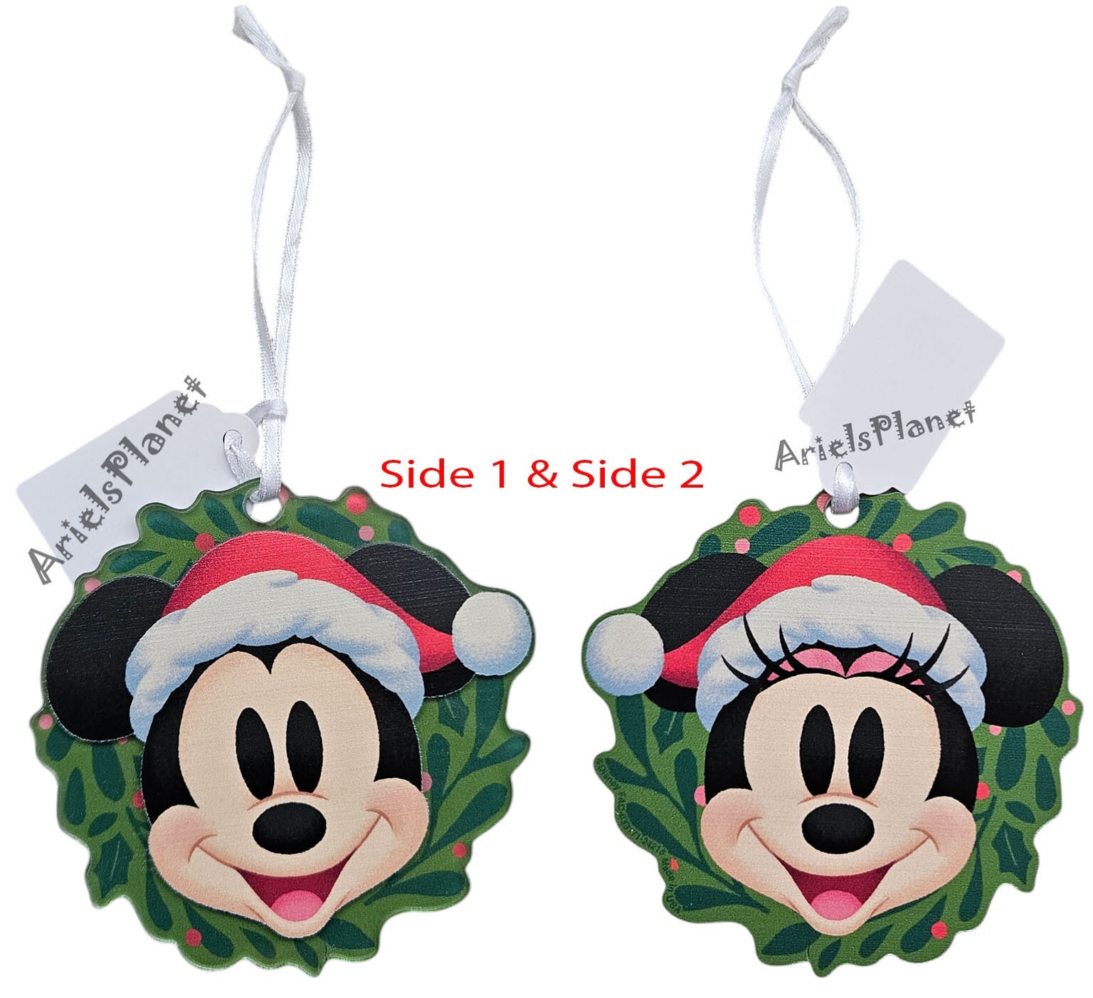 Disney Parks Santa Wreath Mickey & Minnie Mouse Double Sided Acrylic Ornament
