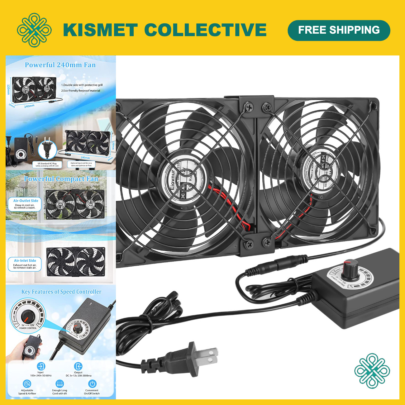 High-Performance 240mm Variable Speed Fan - 2 x 120mm AC Cooling for Servers & M