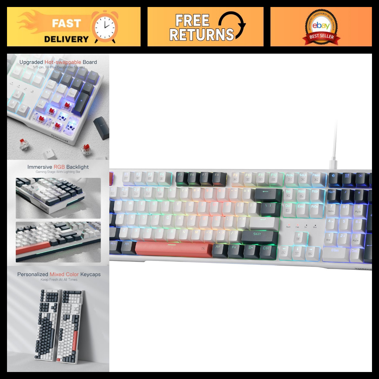 Hot-Swap Wired RGB Gaming Keyboard, 108 Keys, Extra 4 Hotkeys, Mechanical Feel