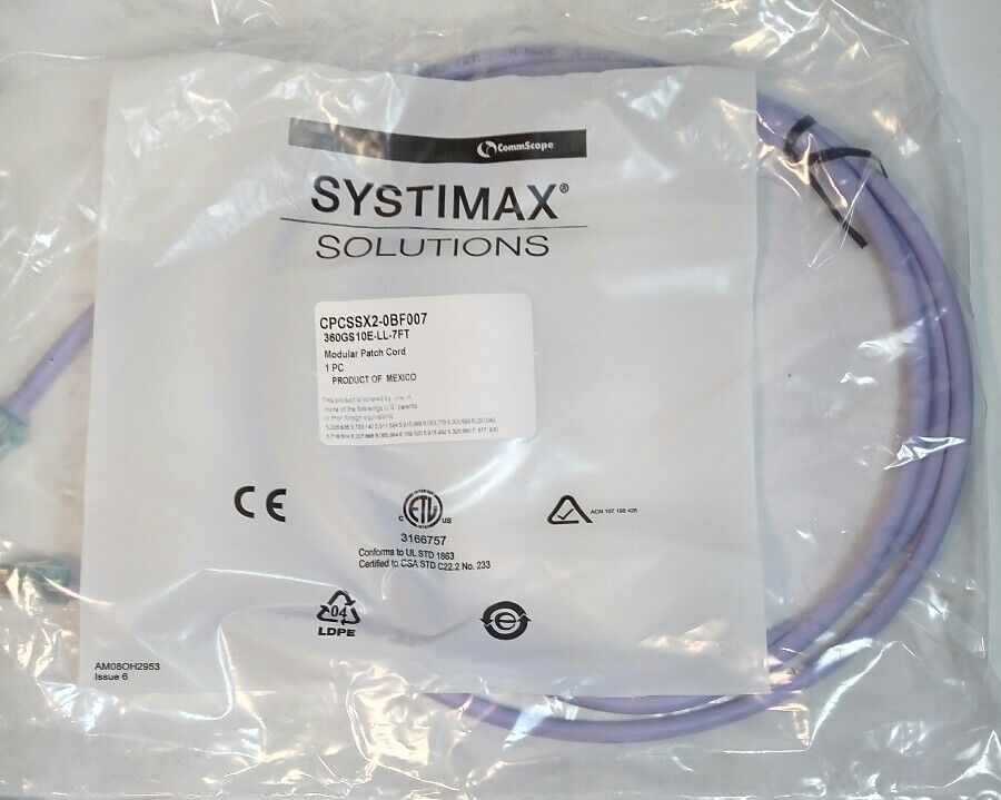 Cat 6 Modular Patch Cable, Commscope Systimax  7-FOOT Cord Lilac  360GS10E