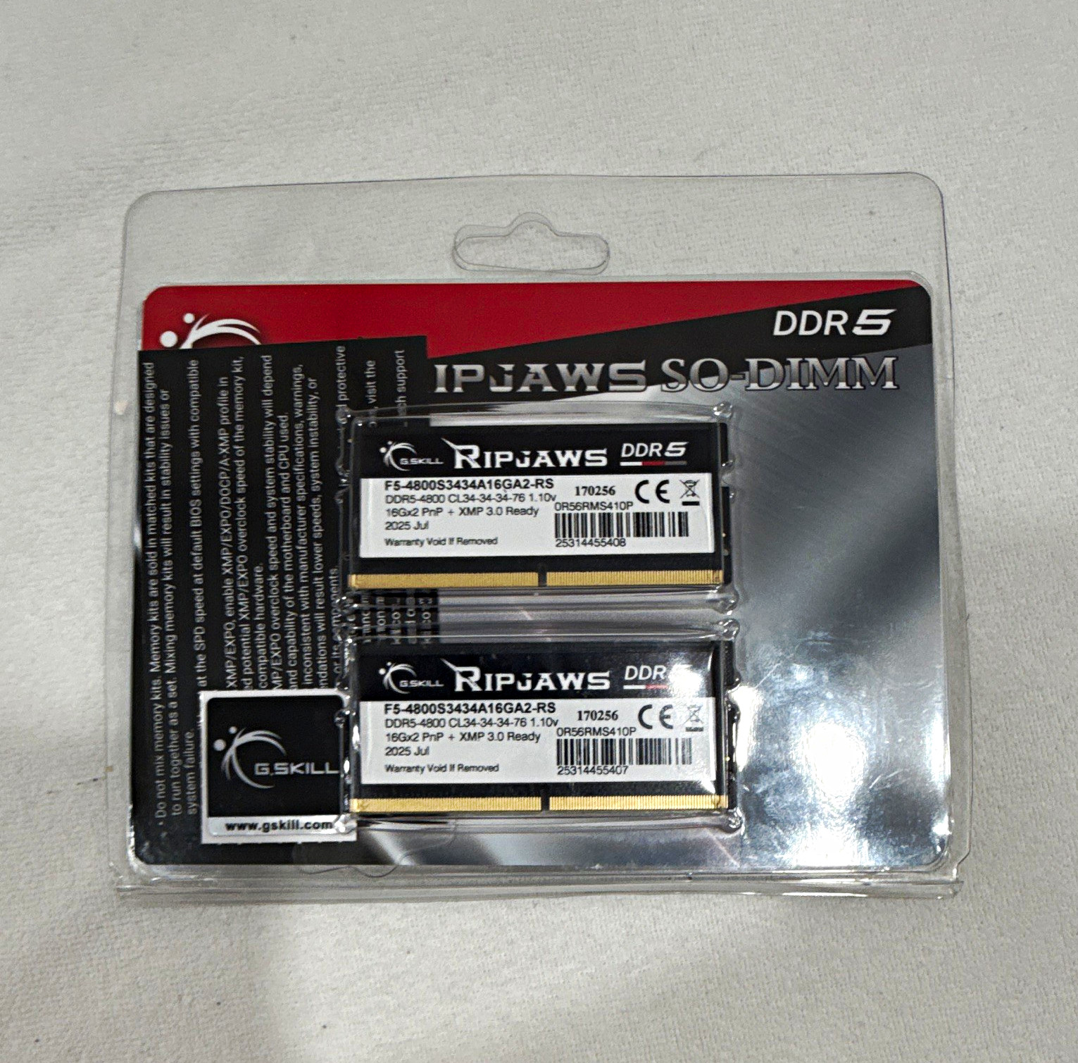 G.SKILL Ripjaws 32GB (2x16GB) DDR5-4800 SO-DIMM Non-ECC F5-4800S3434A16GA2-RS