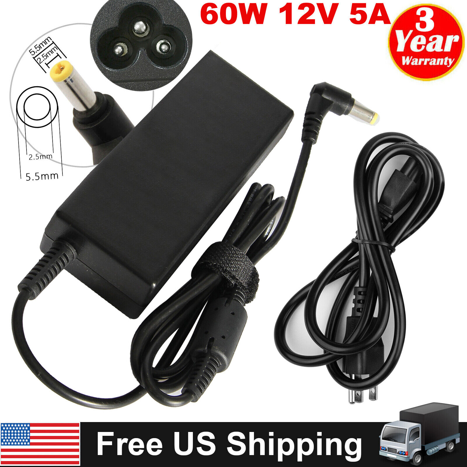 12V 5A 60W AC Adapter Power Supply Cord For audio amplifier, RC LiPo chargers