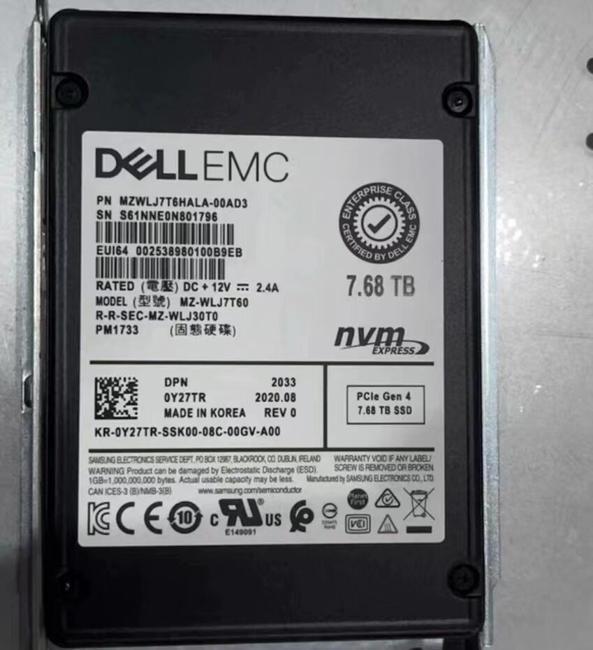 7.68TB DELL Samsung PM1733 0Y27TR nvme 2.5" MZ-WLJ7T60 u.2 MZWLJ7T6HALA-00AD3