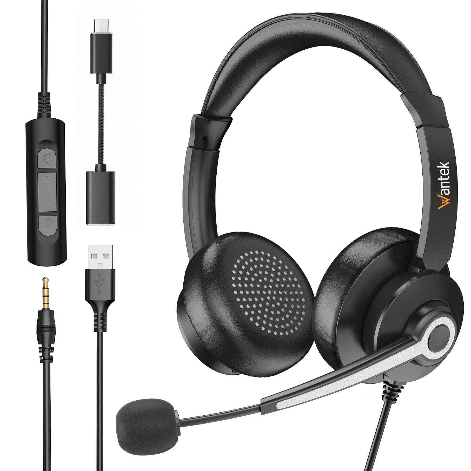 Wantek USB Headset with Microphone 3.5mm/USB/Type-C Jack 3-in-1 for PC,Laptop