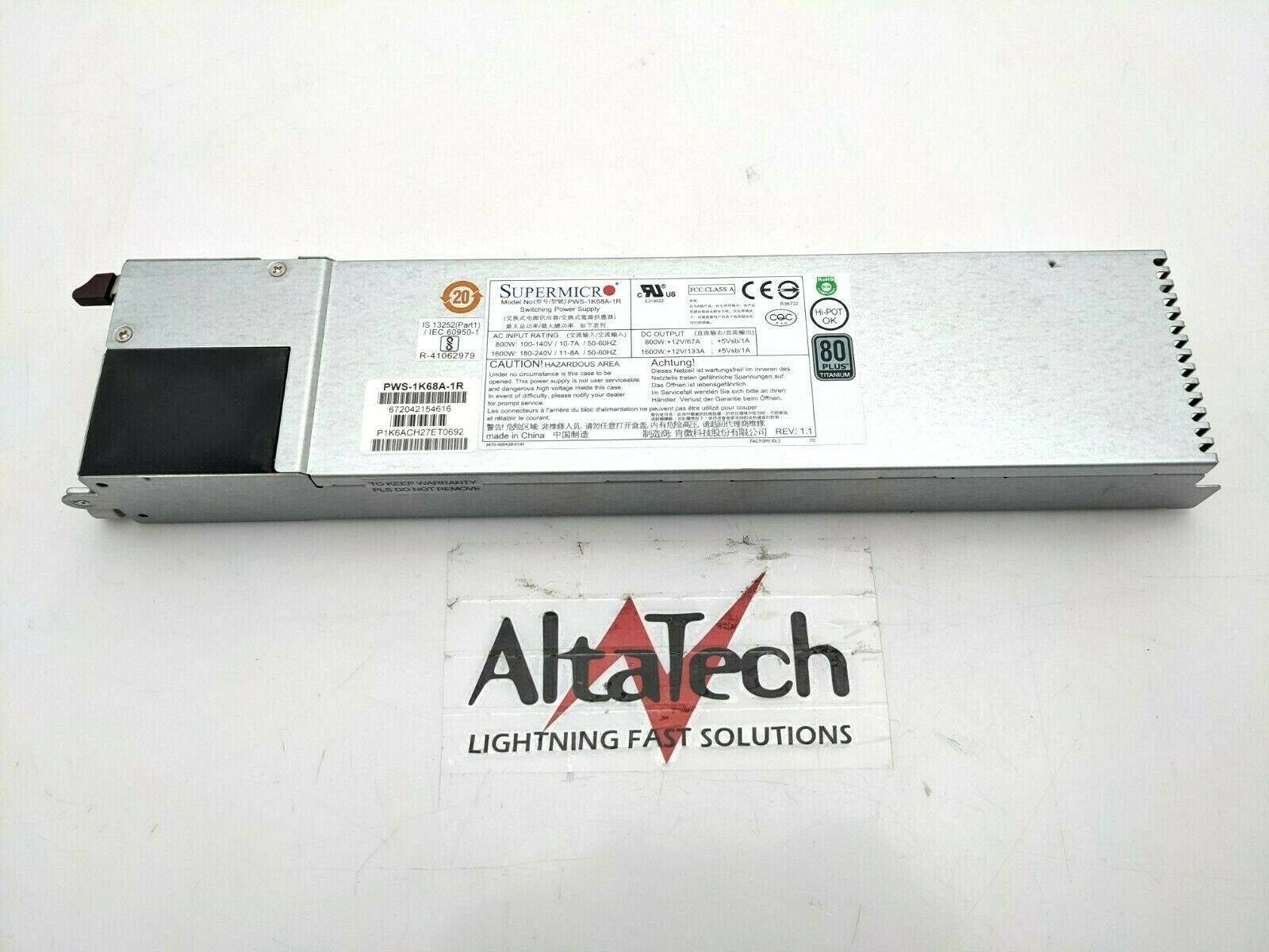 Supermicro 1600 Watt 1U Redundant 80 Plus PSU Power Supply Unit PWS-1K68A-1R